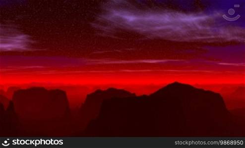 The mountain landscape is shrouded by a red shone fog. On the dark blue sky clouds float.