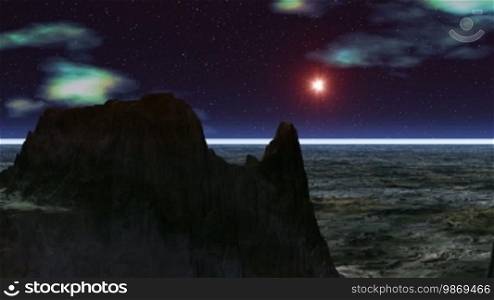 The night sky, bright stars, float multi-colored clouds. Over the horizon, the covered white fog, the bright red object (UFO) flies and quickly comes nearer.