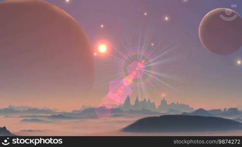 The starry night sky, two enormous planets (moons). The bright glowing object (UFO) flies to the horizon and disappears in thick fog. Under the moons, the landscape features sharp cliffs, not high mountains and hills. Lowlands are covered with thick orange fog. In the sky, a bright star with a rainbow halo beams. A mysterious alien landscape.