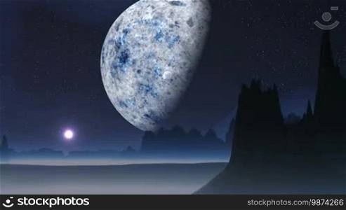 The starry sky is a huge planet in the penumbra. Beneath the rocky desert, covered with a thick white mist. From - quickly rises over the horizon and the bright sun illuminates the landscape of an alien. The image is magnified.