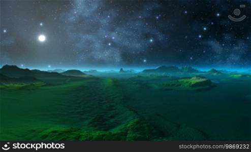 The starry sky. The moon and stars shine brightly. A blue mist hangs over the low mountains.