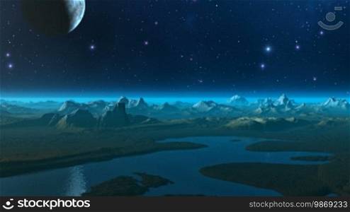 The starry sky. The moon and stars shine brightly. A blue mist hangs over the low mountains.