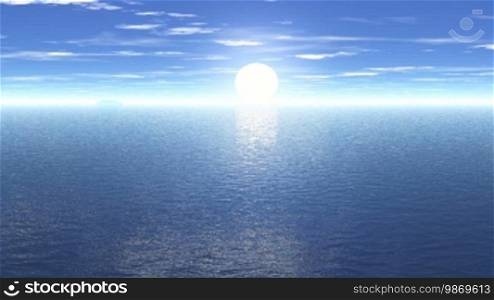 The sun rises rapidly above the sea horizon. The camera moves towards the coast and shows the sun's reflection in the lake.