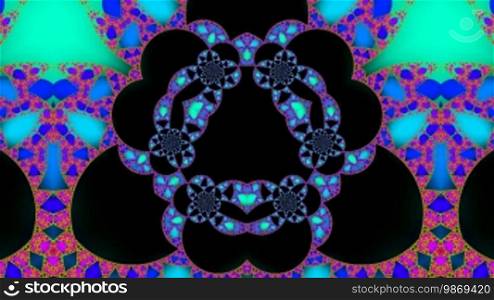 The symmetric fractal slowly changes against a dark background, creating fine, bewitching harmonious patterns. Patterns bright, color.