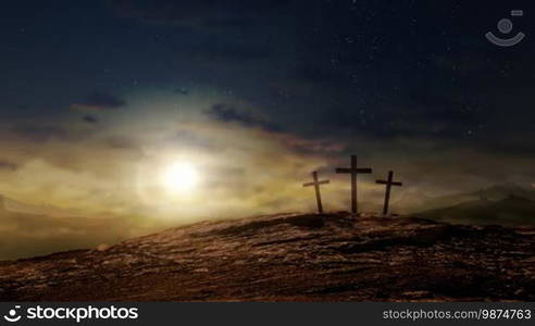 Three crosses on a hill at dusk with moving clouds background. Easter and Good Friday concept. Seamless looping