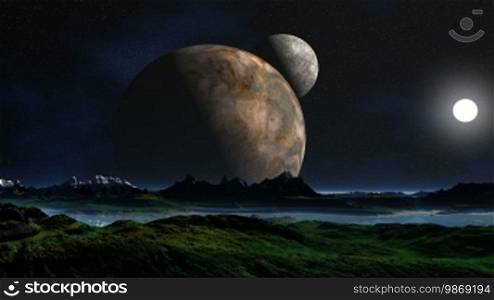 Three moons against a mountain landscape