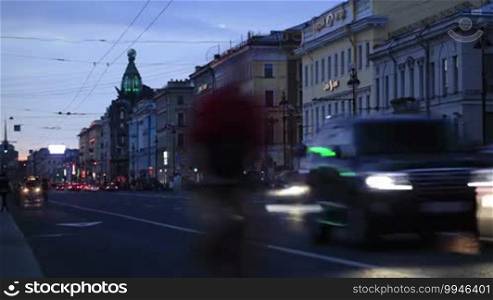 Time lapse of traffic in the evening in Nevsky Avenue, St. Petersburg, Russia.
