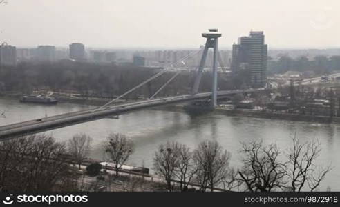 Traffic on the bridge across the Danube in Bratislava, Slovakia