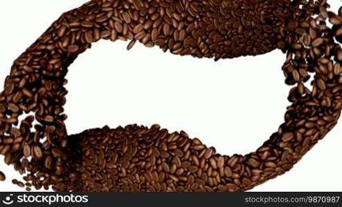 Two coffee beans flow with slow motion over white