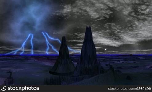 Two high towers (aliens) with sharp tops stand in a hilly landscape. In the night sky, the bright moon and slowly floating clouds. Over the horizon, lightning flashes and the entire landscape slowly becomes covered by a blue fog.