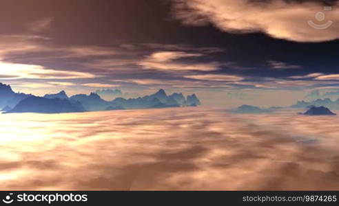 Two layers of clouds floating over the mountain landscape. Lower thick layer dissipates and becomes visible mountains, valleys and lakes. Above the horizon haze. The bright light of the sun illuminates the top layer of cloud below. The whole landscape has a copper shade.