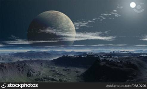 Two moons (planet) against a mountain landscape