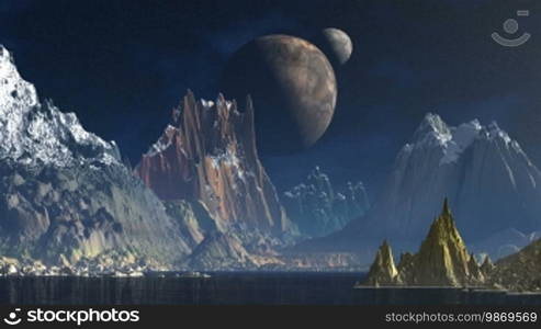 Two moons revolve in the starry sky on a background of mountains. Peaks are covered with snow in the lowland lake. All bright lighting fittings.