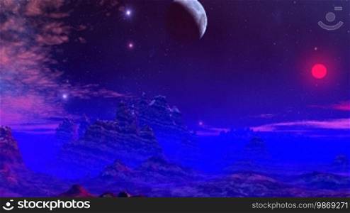 Two planets and stars against a mountain landscape shrouded in a blue fog