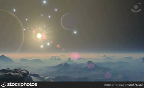 Two planets (moon) are surrounded by bright stars, one of which is in a halo of light and beams. Below them is a mountain landscape of an alien planet. The peaks are covered with snow, while the lowlands are shrouded in mist. The horizon is obscured by dense fog. The camera ascends and reveals a planet against a dark sky.