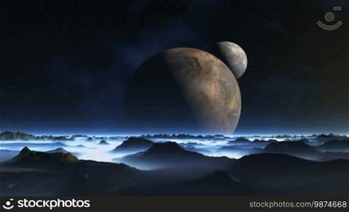 Two planets rotate in the dark starry sky. In the lowlands of dark hills and mountains lies a thick white fog. Horizon in the fog.