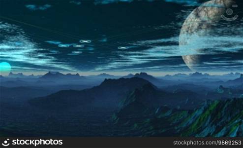UFO flies against the blue sky, clouds, the moon, and a mountain landscape