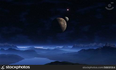 UFO flying fast on a starry night sky, changing its color. Two moons rotate slowly over hilly terrain covered with glowing blue mist.