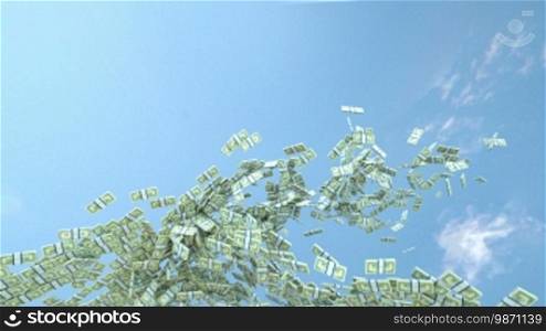 US dollar cash slow motion flow and blue sky. Alpha matte