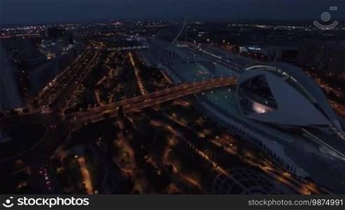 VALENCIA, SPAIN - JULY 16, 2016: Night aerial view of City of Arts and Sciences, entertainment-based cultural and architectural complex and one of 12 Treasures of Spain