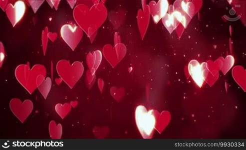 Valentine's day abstract background, flying hearts and particles on red.