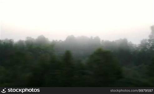 View from a moving train of village in a fog