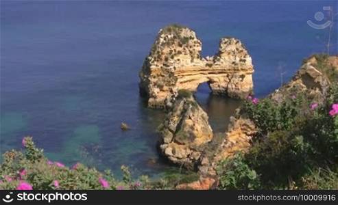 View of rock formations / stone islands in the blue sea from a green-covered rock with pink flowers; Coast of the Algarve, Portugal.