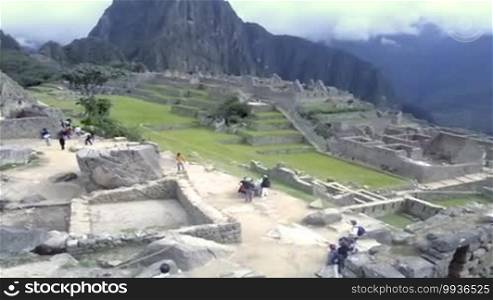 View of the ancient Inca City of Machu Picchu. The 15th century Inca site. 'Lost city of the Incas'. Ruins of the Machu Picchu sanctuary. UNESCO World Heritage site