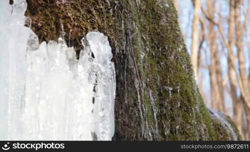 Waterfall, silver stream, and mossy rock in winter. Grand Canyon, Crimea, Ukraine