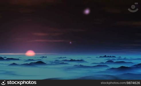 White luminous object slowly falls to the surface of alien planet. In the dark sky a bright star, the setting sun above the horizon and rare clouds. Dark hills are covered with a dense blue mist.