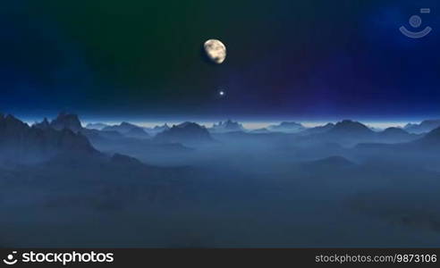 White luminous object (UFO, meteorite) quickly flies over the surface of the planet below the horizon. In the night sky bright stars, the distant nebula, and a big moon. At the bottom of low mountains and hills covered with blue mist. Over the horizon a white haze. The camera flies toward the moon and brings the image.