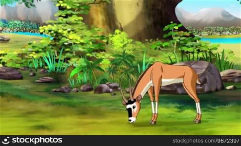 Wild antelope (gazelle) grazing in savannah on a summer day. Handmade animation, motion graphic.