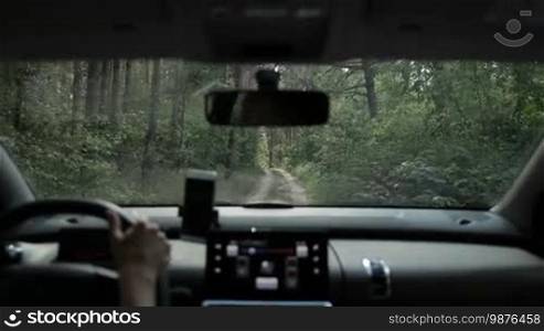 Woman driving car off-road through the forest in sunlight. View from inside of vehicle. Tourist driver driving auto through green forest on muddy ground path during summer vacation trip