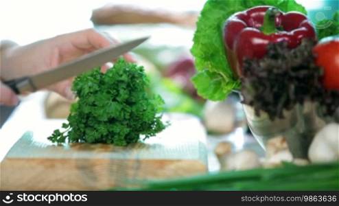 Women's hands slice herb parsley
