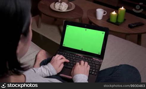 Young Japanese woman typing on keyboard, Asian girl using laptop PC with green screen, notebook computer monitor at home. Wireless technology for internet and Wi-Fi email, lifestyle