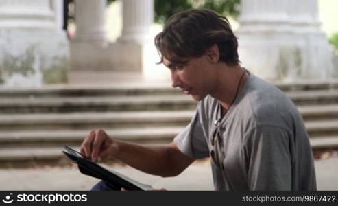 Young men and college, male art student drawing and sketching city monument. Sequence