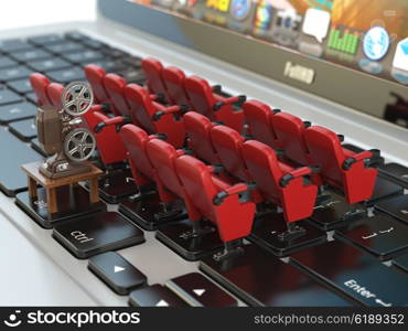 Video player application or home cinema concept. Laptop and rows of cinema seats, 3d illustration