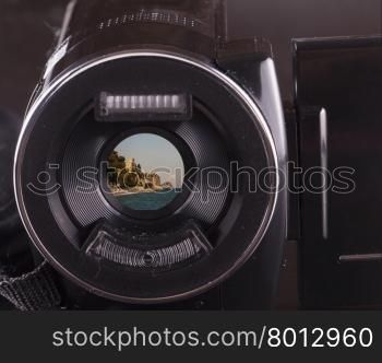 Videocamera with panorama on lens, horizontal image