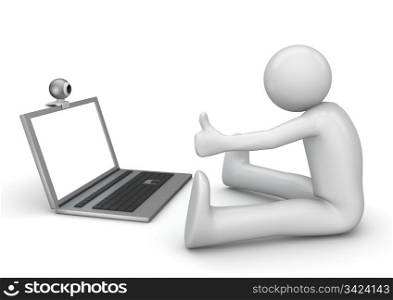 Videochat: webcam and laptop - Technology collection. 3d characters isolated on white background series