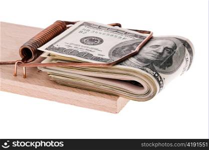 Viele amerikanische Dollar Geldscheine in Mausefalle. Wirtschaftskrise und Schulden