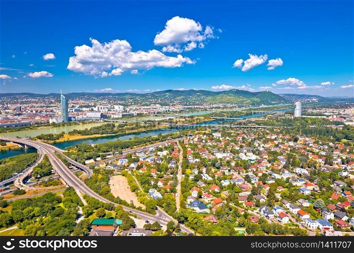Vienna. Aerial view of northern Vienna cityscape and Danube river, Floridsdorf, capital of Austria