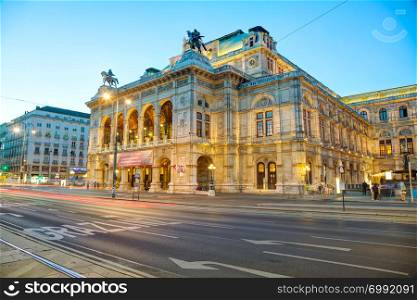VIENNA - AUGUST 30: Vienna State Opera at night on August 30, 2017 in Vienna. It&rsquo;s an opera house ? and opera company ? with a history dating back to the mid-19th century.