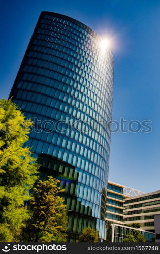 Vienna - Austria - 02.08.2013: View on Hoch Zwei Office Tower Of OMV Company In Vienna. Building, Austria Modern architecture buildings in Austria Europe metal glass and concrete. Summer day. Modern architecture buildings in Vienna Austria Europe metal glass and concrete