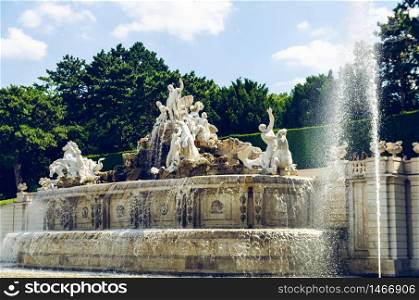 Vienna, Austria 2013-07-08 View at Neptune Fountain, Great Parterre. Sited at the foot of the hill behind the imperial Schonbrunn palace. Neptune Fountain, Great Parterre in Vienna, Austria