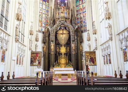 VIENNA, AUSTRIA-JULY 2, 2018  Interior view of Maria am Gestade church - one of oldest churches in Vienna. Famous gothic church was consecrated in 1414.. Interior view of Maria am Gestade church in Vienna.