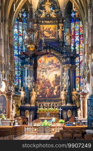 VIENNA, AUSTRIA-JULY 2, 2018  Interior view of St. Stephen’s Cathedral church - one of oldest churches in Vienna.. Interior view of Maria am Gestade church in Vienna.