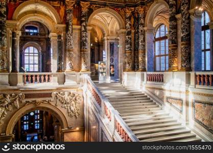 VIENNA, AUSTRIA - November 11, 2015: Amazing rich decoration from colored marble and gilding of ancient building interior of Baroque palace complex Schloss Belvedere in Vienna, Austria.. VIENNA, AUSTRIA - November 11, 2015: Beautiful decoration of interior palace Schloss Belvedere.