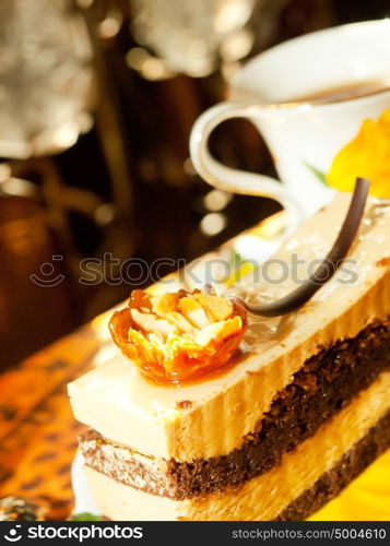 Vienna cake with almond and caramel in cafe