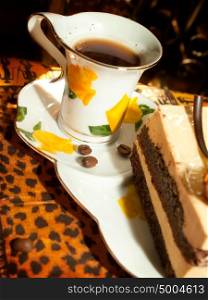 Vienna cake with almond and caramel in cafe