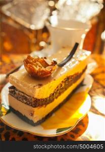 Vienna cake with almond and caramel in the cafe